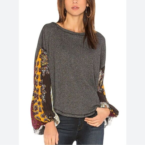 Free People Top Small Gray Thermal Waffle Knit Scarf Sleeves Oversized Boho - Picture 4 of 11